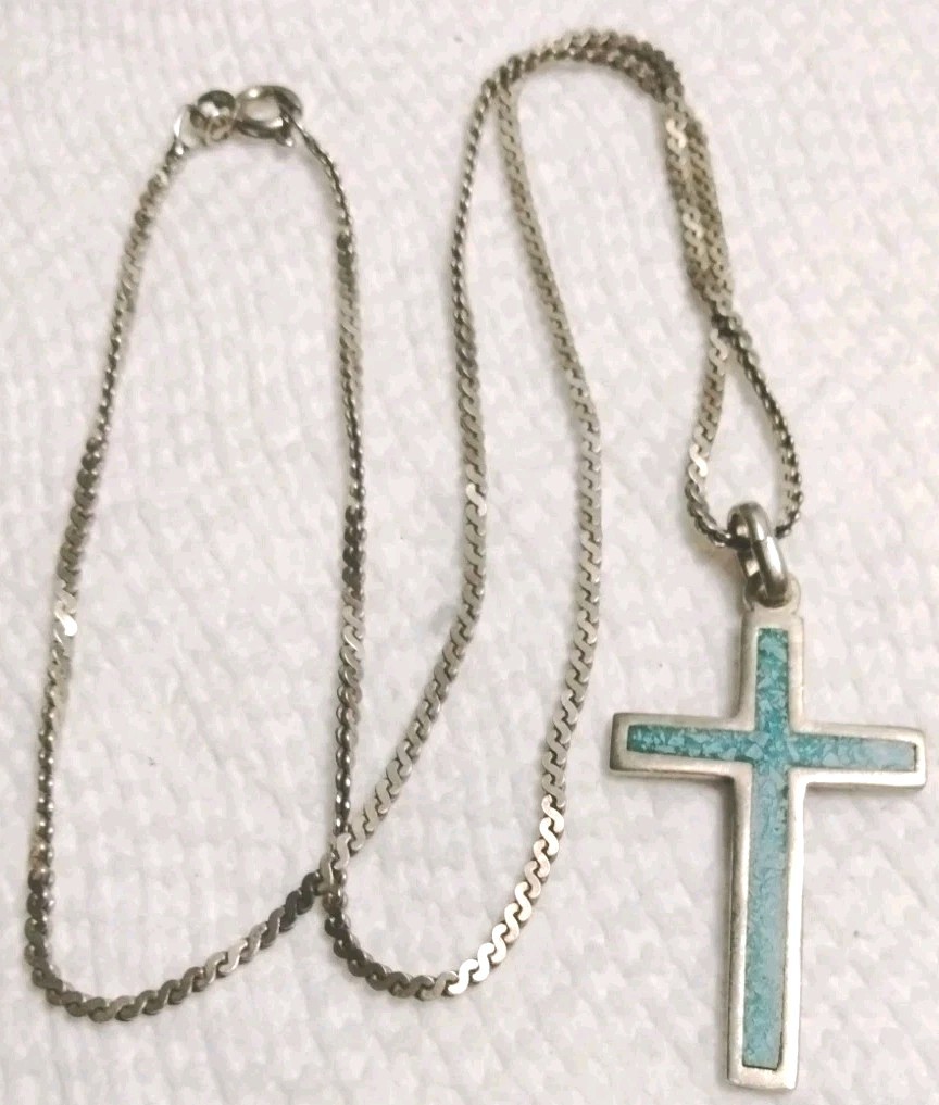 Vintage Estate 925 Sterling Silver Mexico Turquoise Cross Religious Pendant 18″