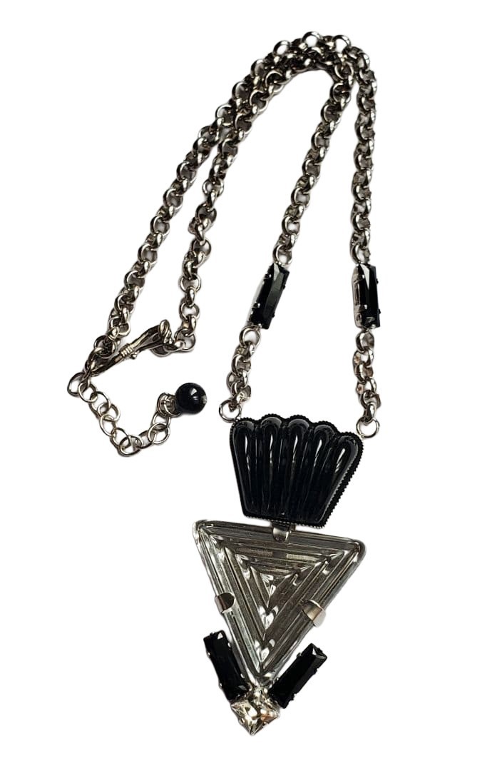 Philippe Ferrandis Necklace Pendant Art Deco Triangle Clear Black H-45cm