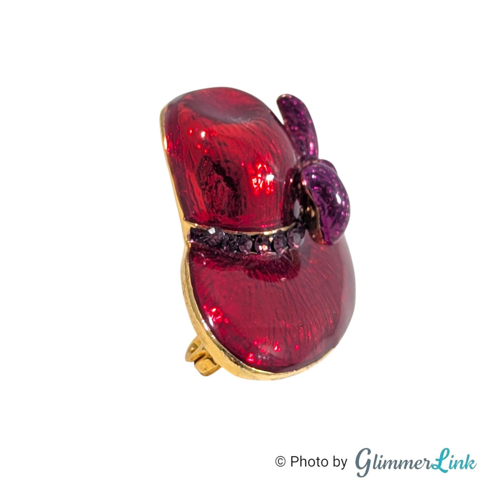 Vintage Red Enamel Hat Brooch Pendant Purple Bow Rhinestones Gold Tone