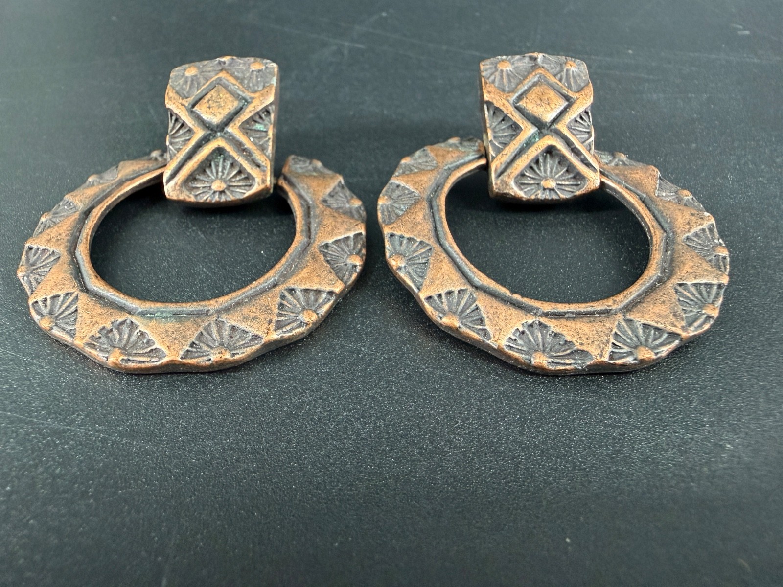Vintage Southwestern Copper Tone Hoop Earrings Tribal Statement Door Knocker