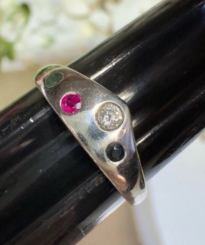 Vintage Custom Made Sapphire Emerald Ruby Sterling Silver Band Ring