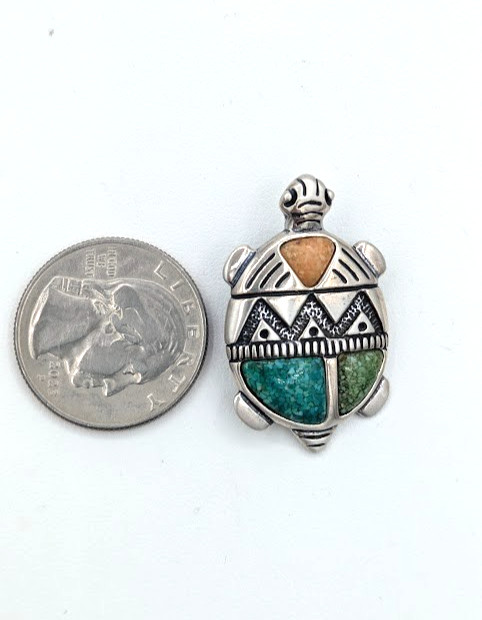 Vintage Turtle Pin CAROLYN POLLACK Sterling Turquoise Inlay Pendant