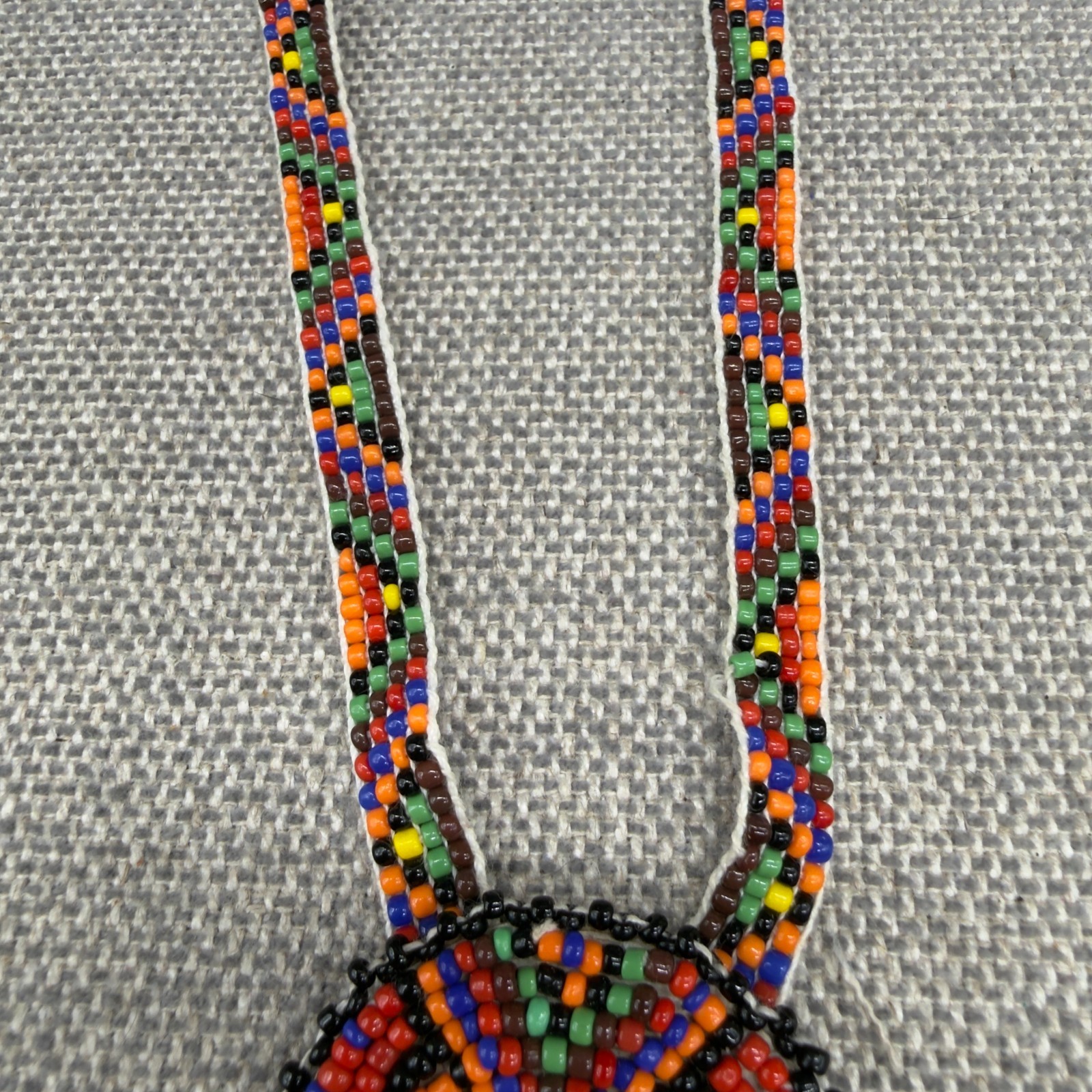 Vintage Necklace Colorful Seed Beads Leather Backed Pendant 22 Inches Southwest