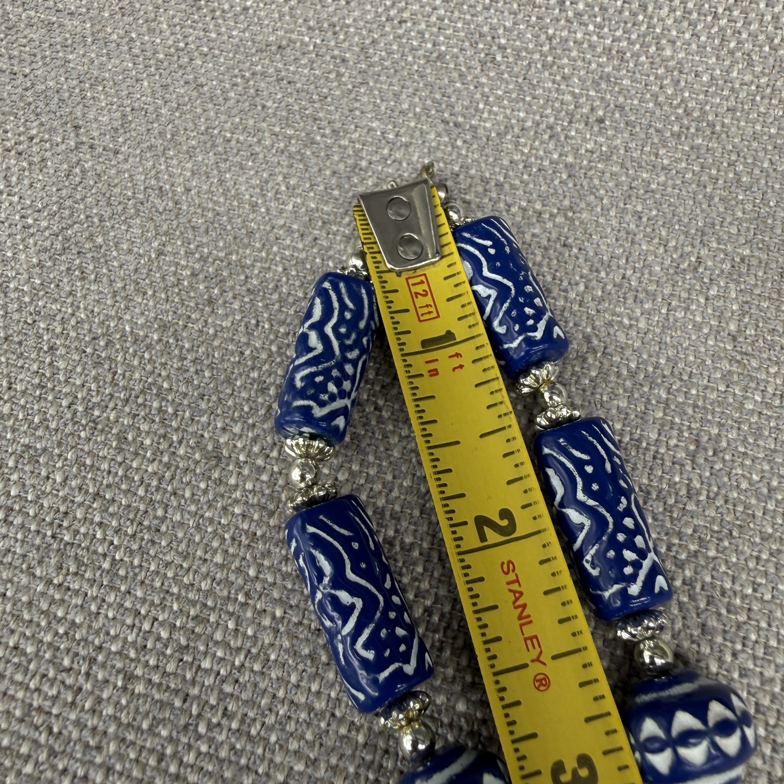 Vintage Necklace Blue White Patterned Beaded 22 Inches