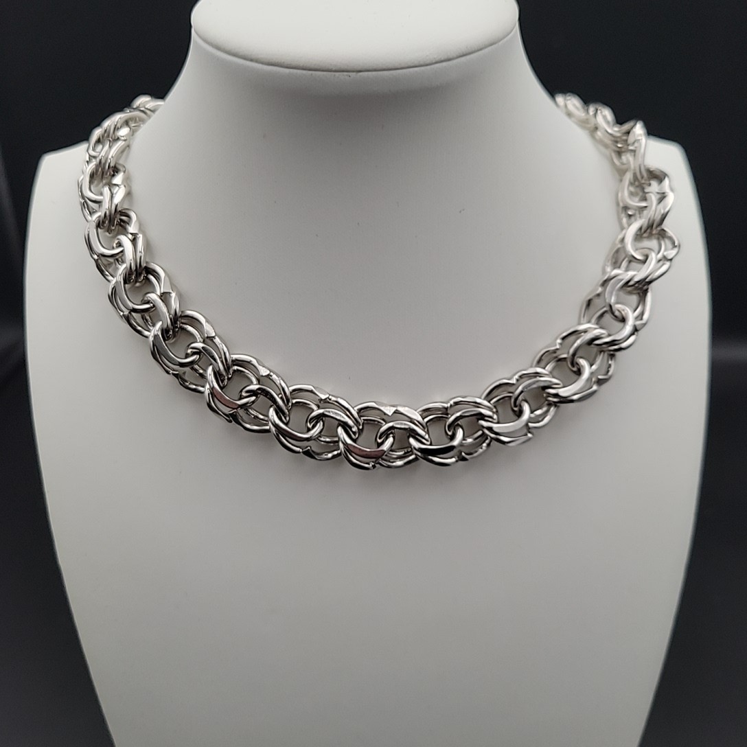 Vintage Chunky Silver Tone Double Link Chain Choker Necklace 18 Inch Grunge