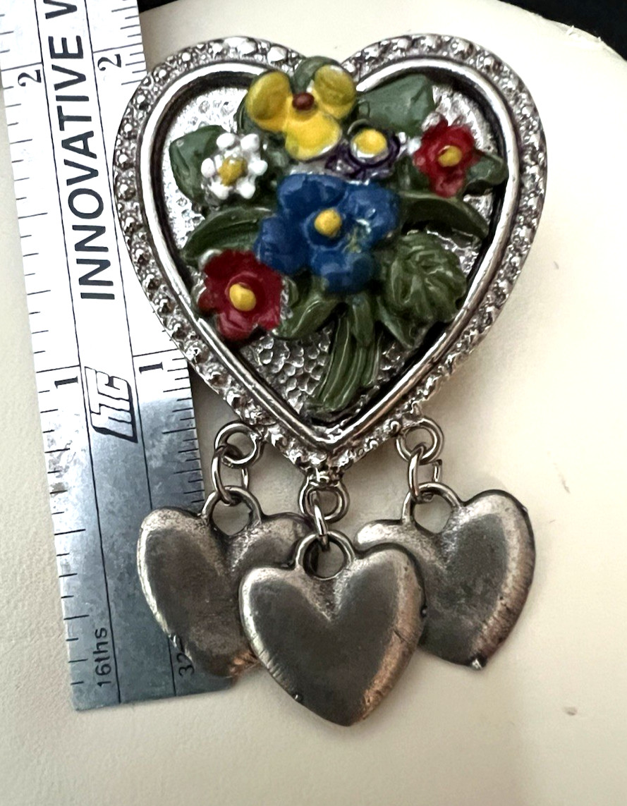 Vintage Hand Painted Enamel Hearts & Flowers Brooch/Pin 3 Dangling Hearts