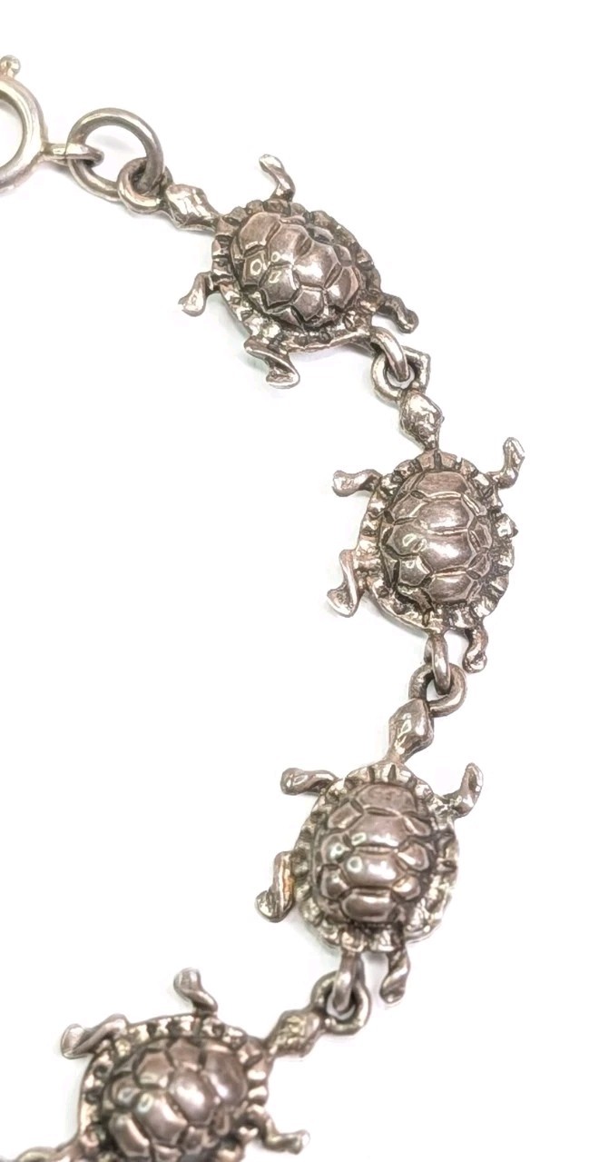 Turtles In A Row Bracelet Sterling Silver 7.75″ Turtle Link Tortoise Gift 11gram