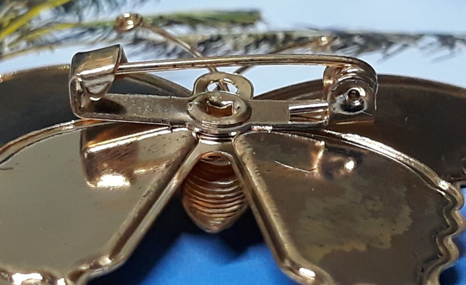 Vintage Brooch Butterfly of Red Orange and Cream Resin on Gold Tone Setting