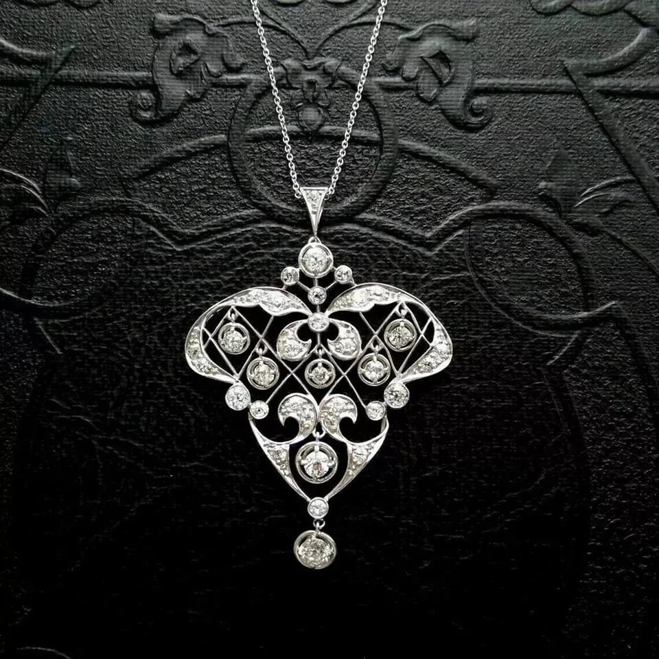 Art Deco Style Round Lab Created Diamond Wedding 14K White Gold Finish Pendant