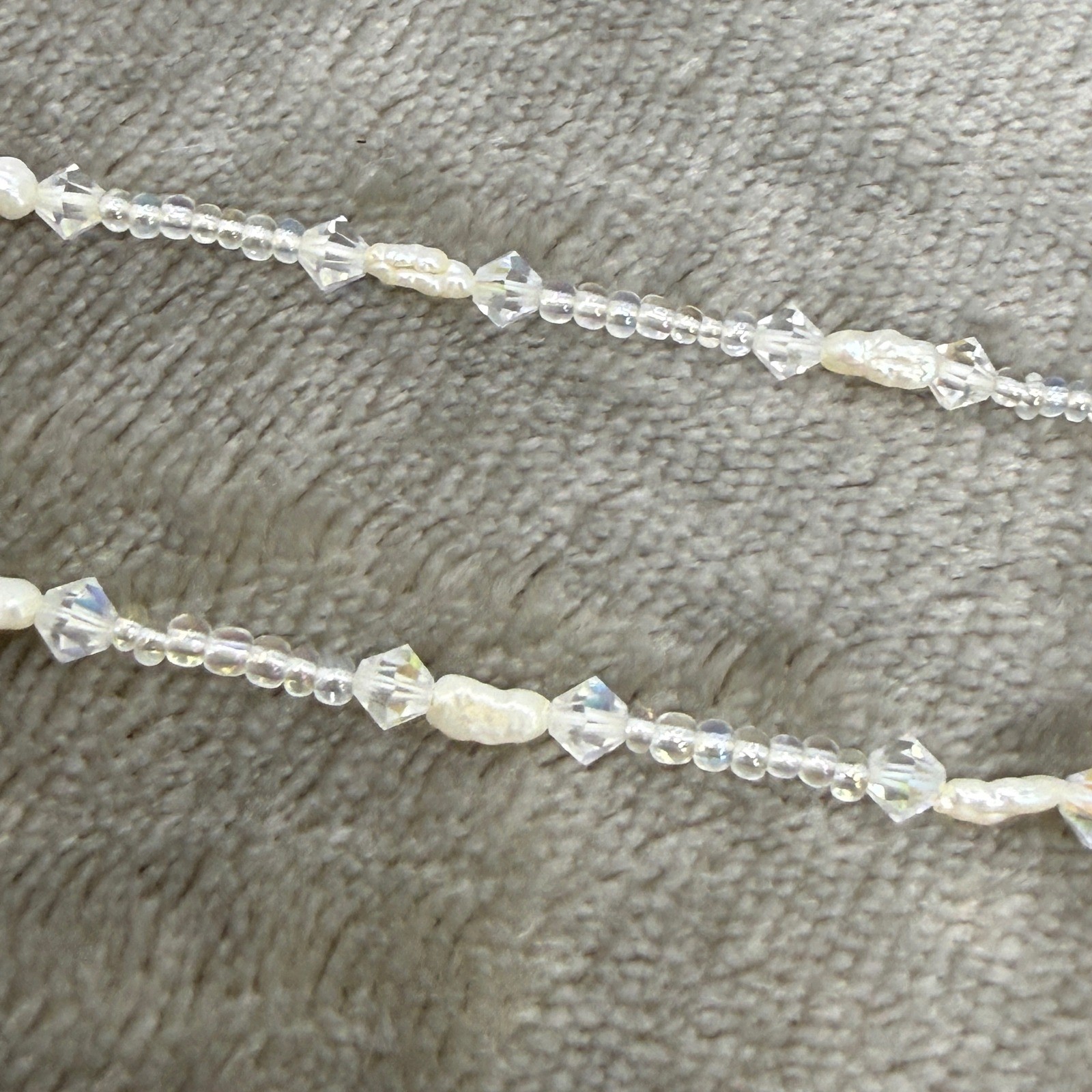Vintage Frosted Glass AB Crystal Pearl Beaded Necklace Filigree Clasp Iridescent