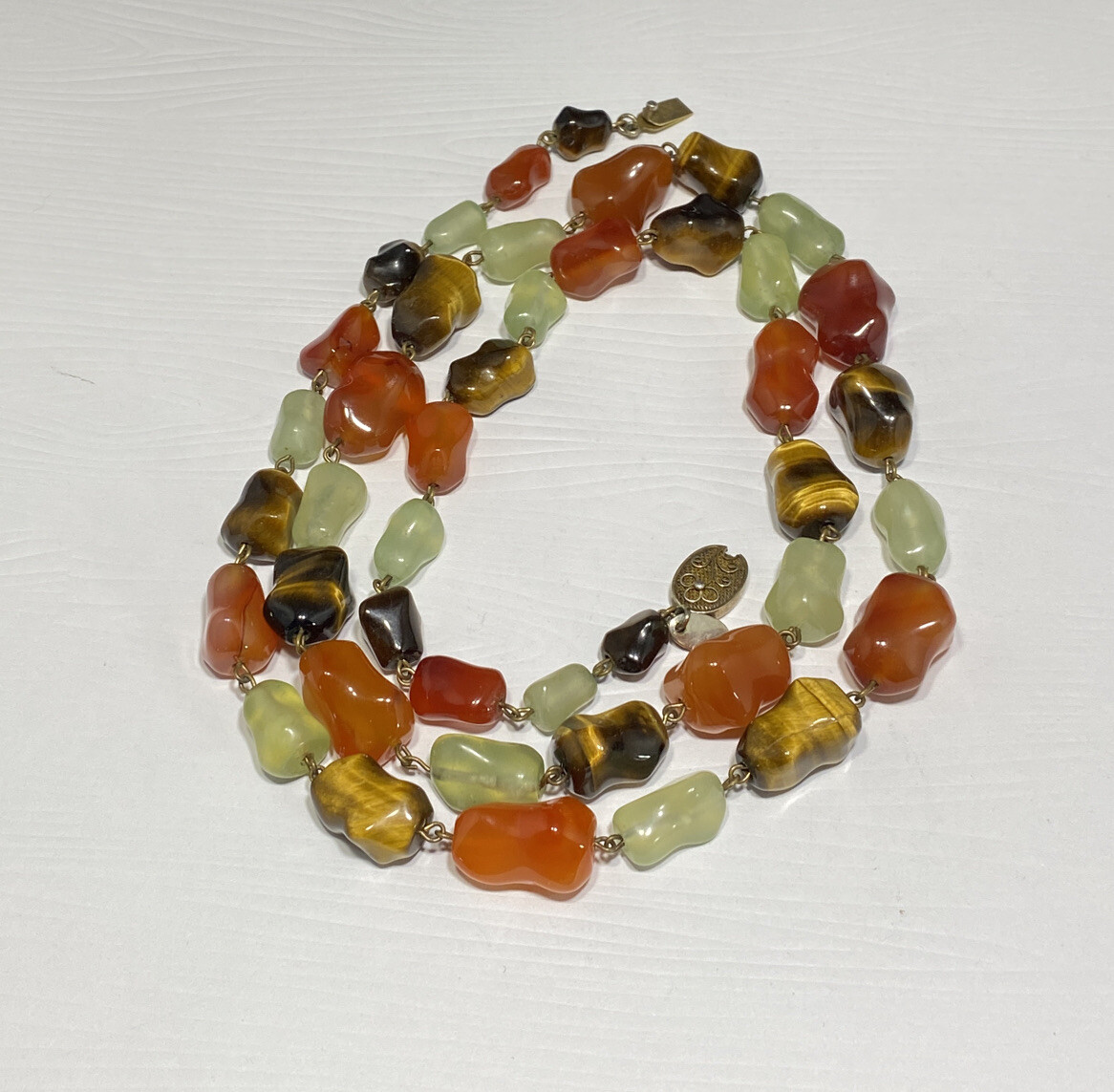 Vintage Signed Les Bernard Tiger?s Eye Jade and Carnelian Beaded Necklace 36 in