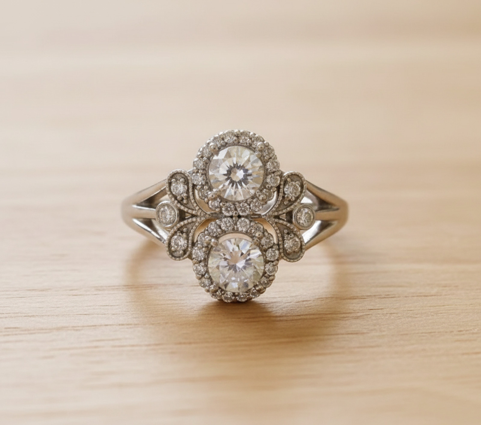 Art Deco Toi Et Moi Ring Old European Cut Moissanite Stone Halo Engagement Ring