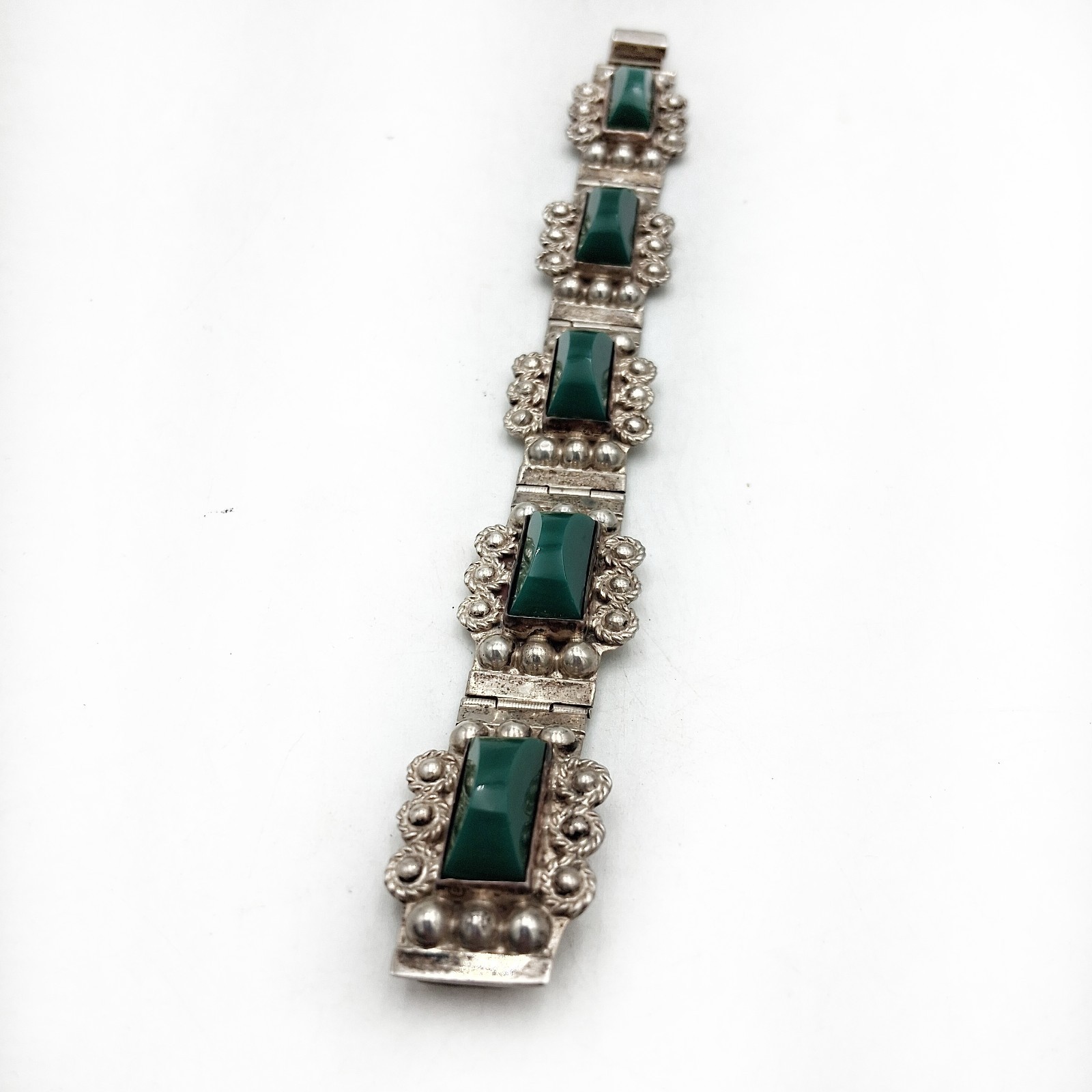 Vintage Sterling Silver Mexico Green Onyx Stones Small Bracelet