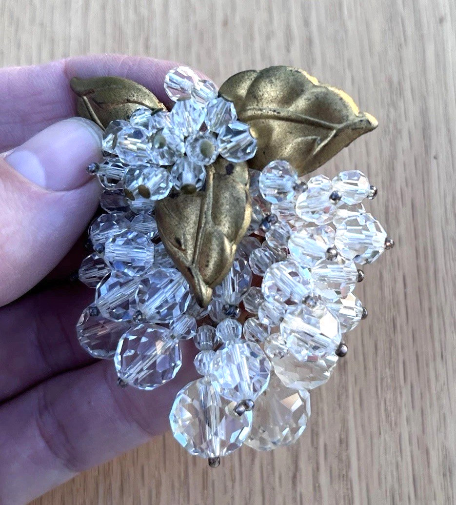 Antique 1930s Fur Dress Clip Brooch Clear Glass Cut Beads Grape Cluster Leaves