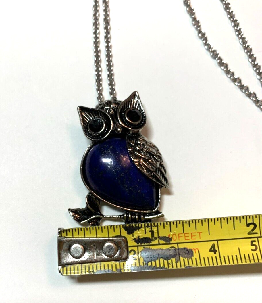 Lapis Lazuli Owl Pendant Glass Rhinestone Eyes Stainless Steel Chain Necklace