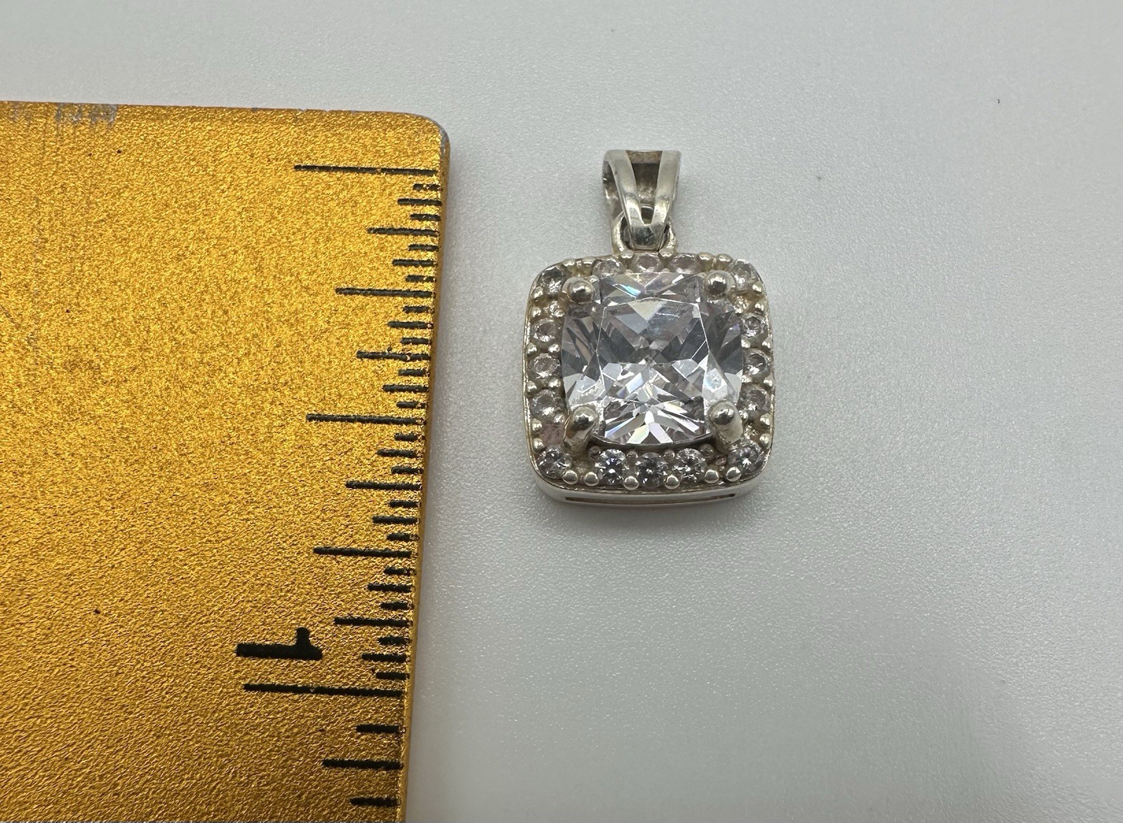 925 Sterling Silver Cushion Cut CZ Halo Pendant Clear Cubic Zirconia Square Vtg