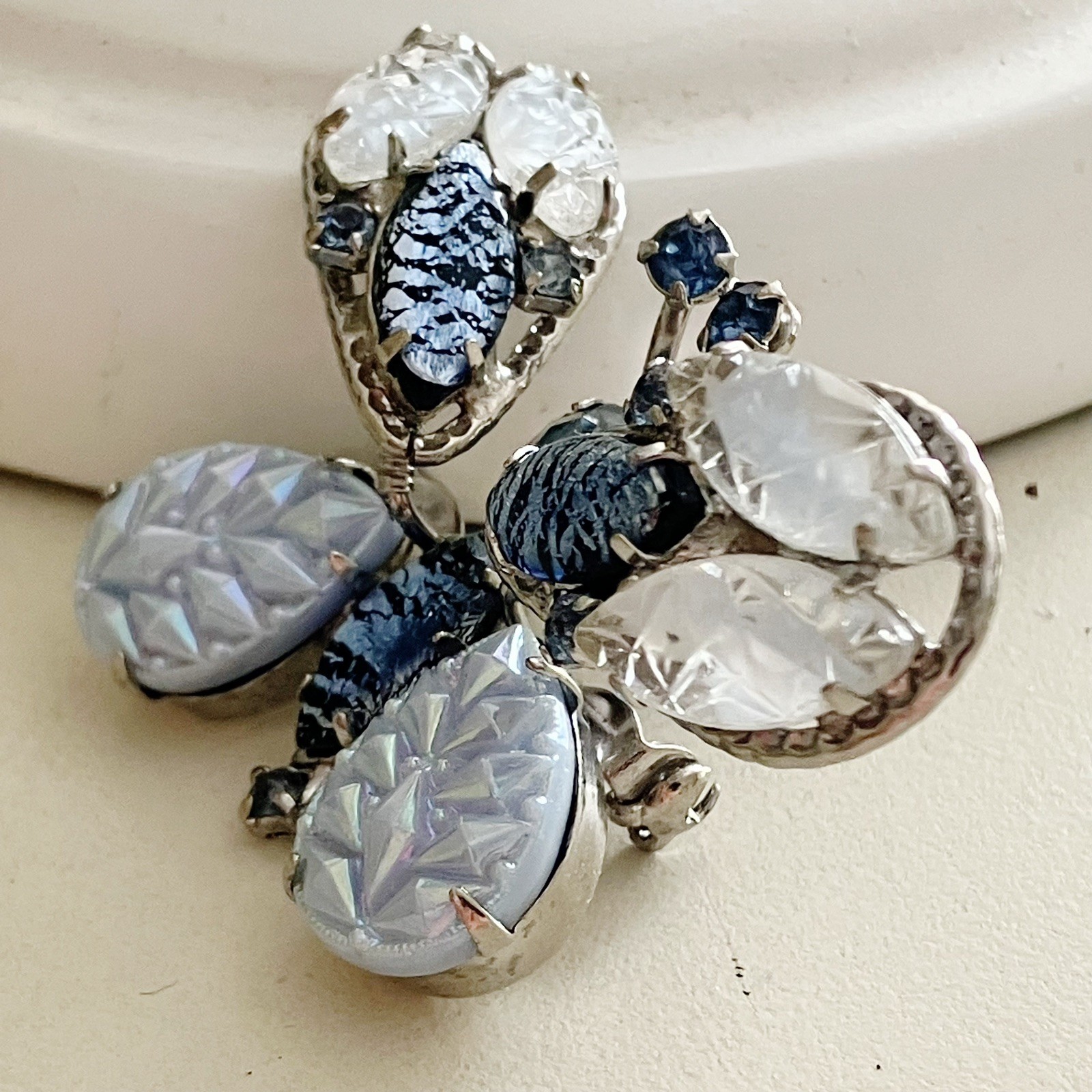 Vintage Butterfly Trembler Brooch Silver Filigree Foil Glass Stones Molded Art