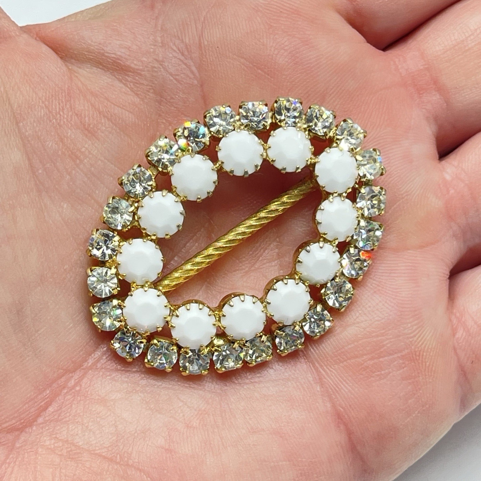 Vintage Gold Tone Oval Scarf Slide Rhinestones And Faceted Milk Stones