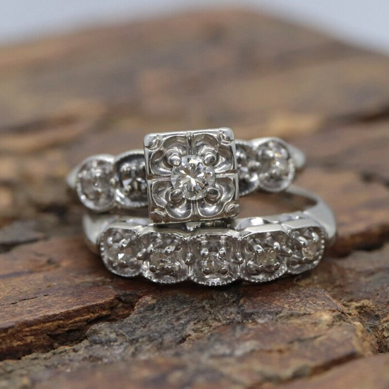 2 CTW White Round Simulated Diamond Art Deco Antique Style 925 Silver Ring Set