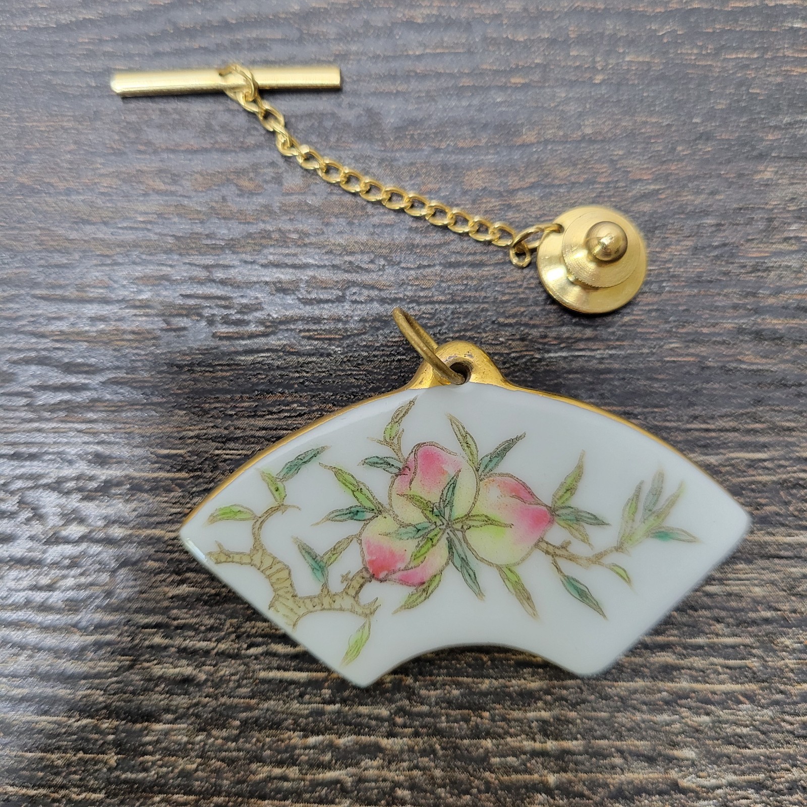 Porcelain Pin Pendant Convertible Japanese Fan Peaches Floral Handpainted VTG