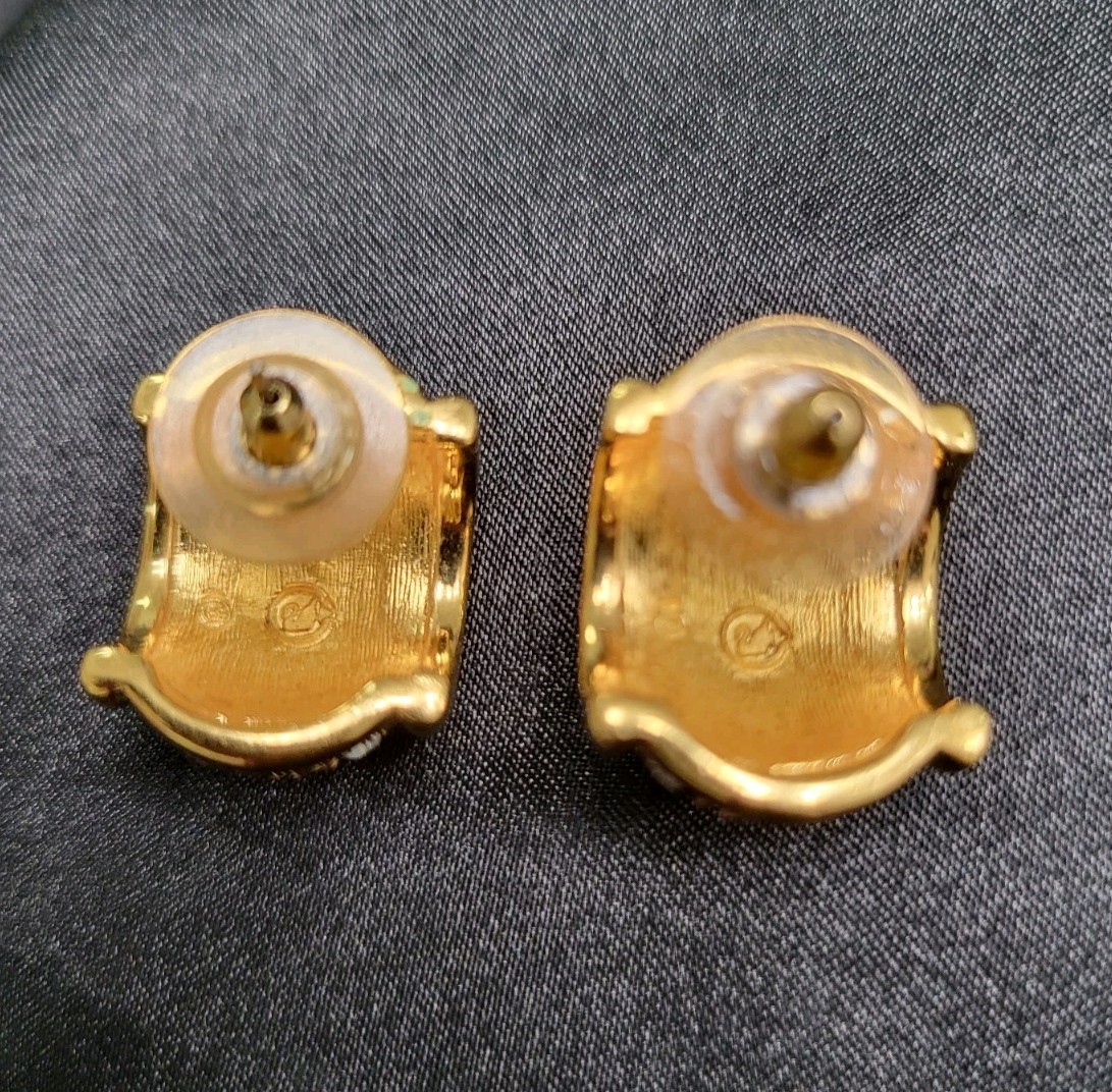 Vintage Signed Swarovski Gold Tone Pave Crystal Dome Barrel Stud Earrings