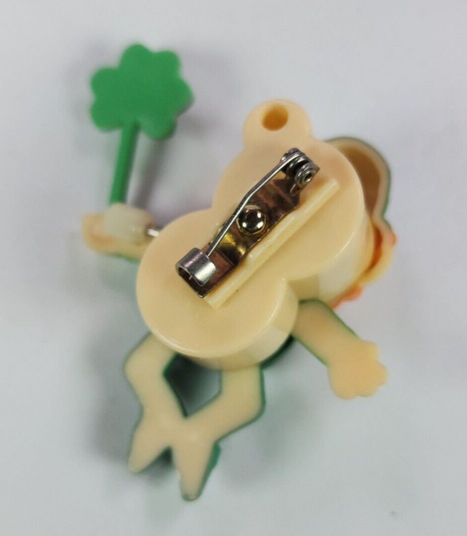 Vintage Hallmark Leprechaun & Shamrock Wind up, Moveable Brooch Pin Works