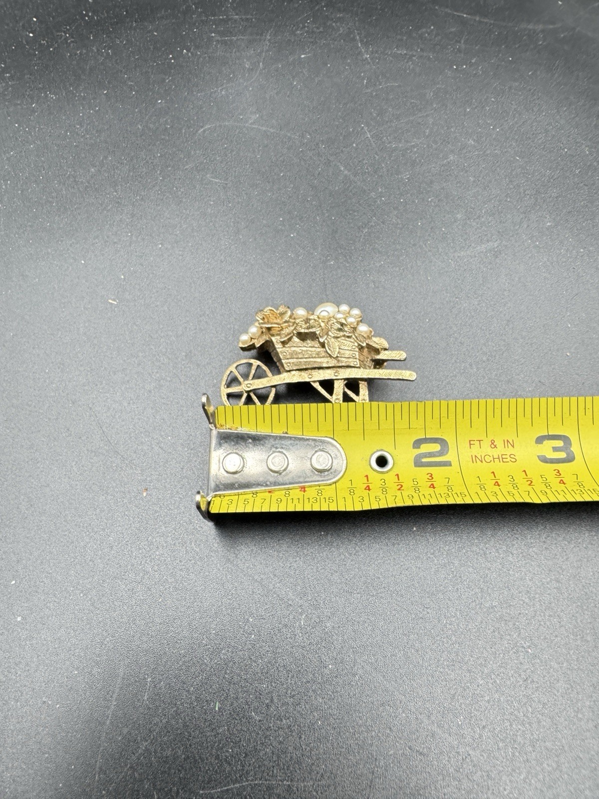 Vintage Flower Cart Brooch Gold Tone Faux Pearl Wheelbarrow Pin Floral
