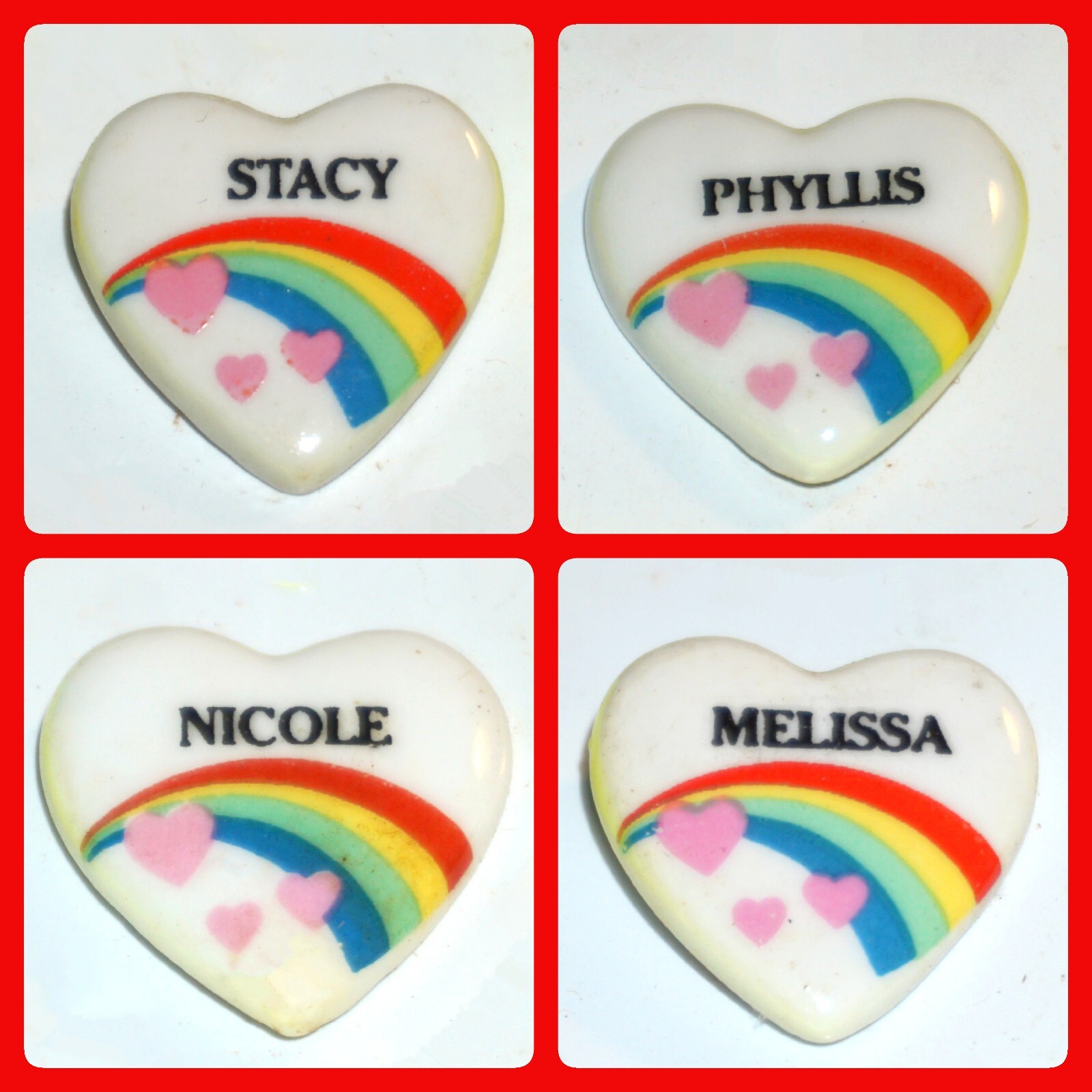 Rainbow Heart Pins on White Vintage 80’s Pick Name Retro Girls Names Hat Bag Etc