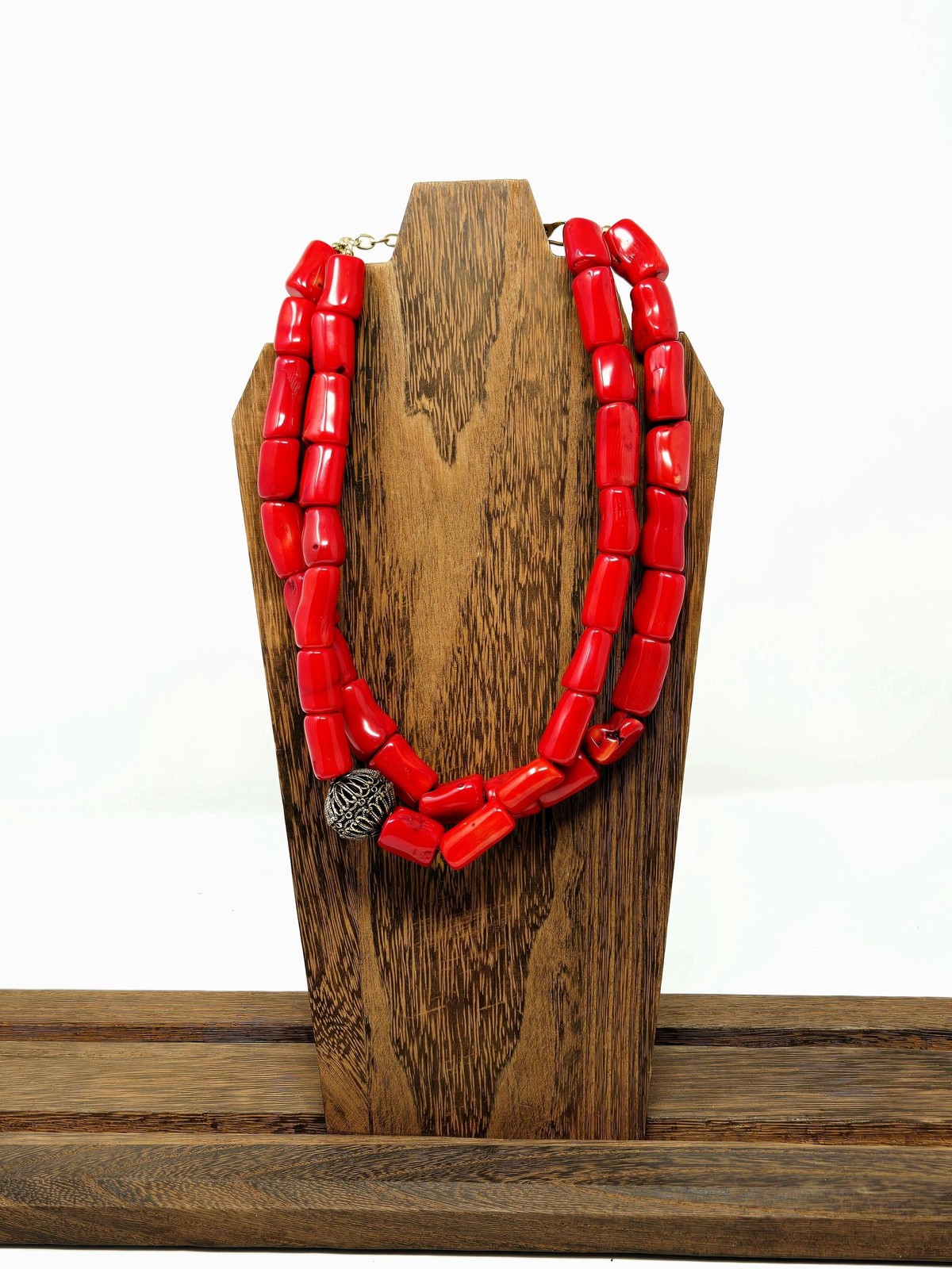 Barse Genuine Sea Bamboo Red Coral Double Strand Statement Necklace Southwestern