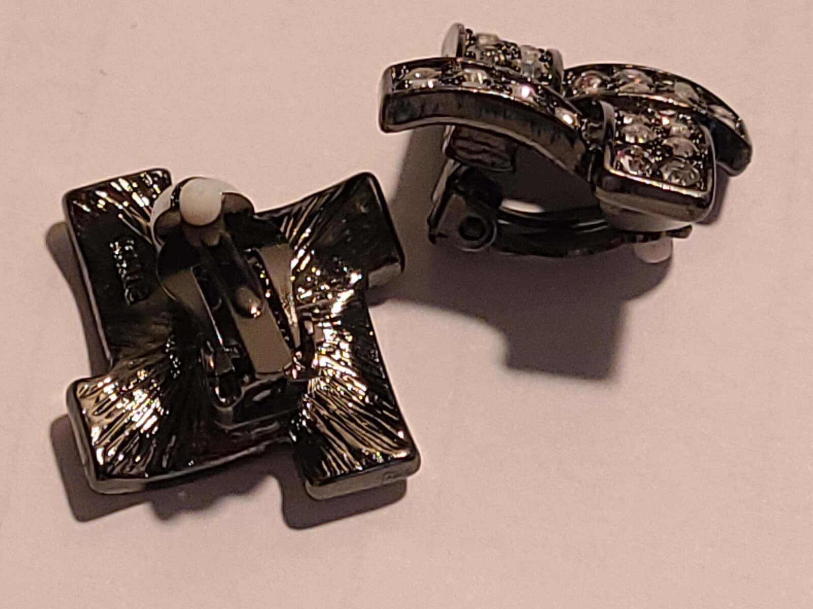 NEW HSN Justine Simmons Clip- On Rhinestone Earrings Hematite Tone Metal NIB