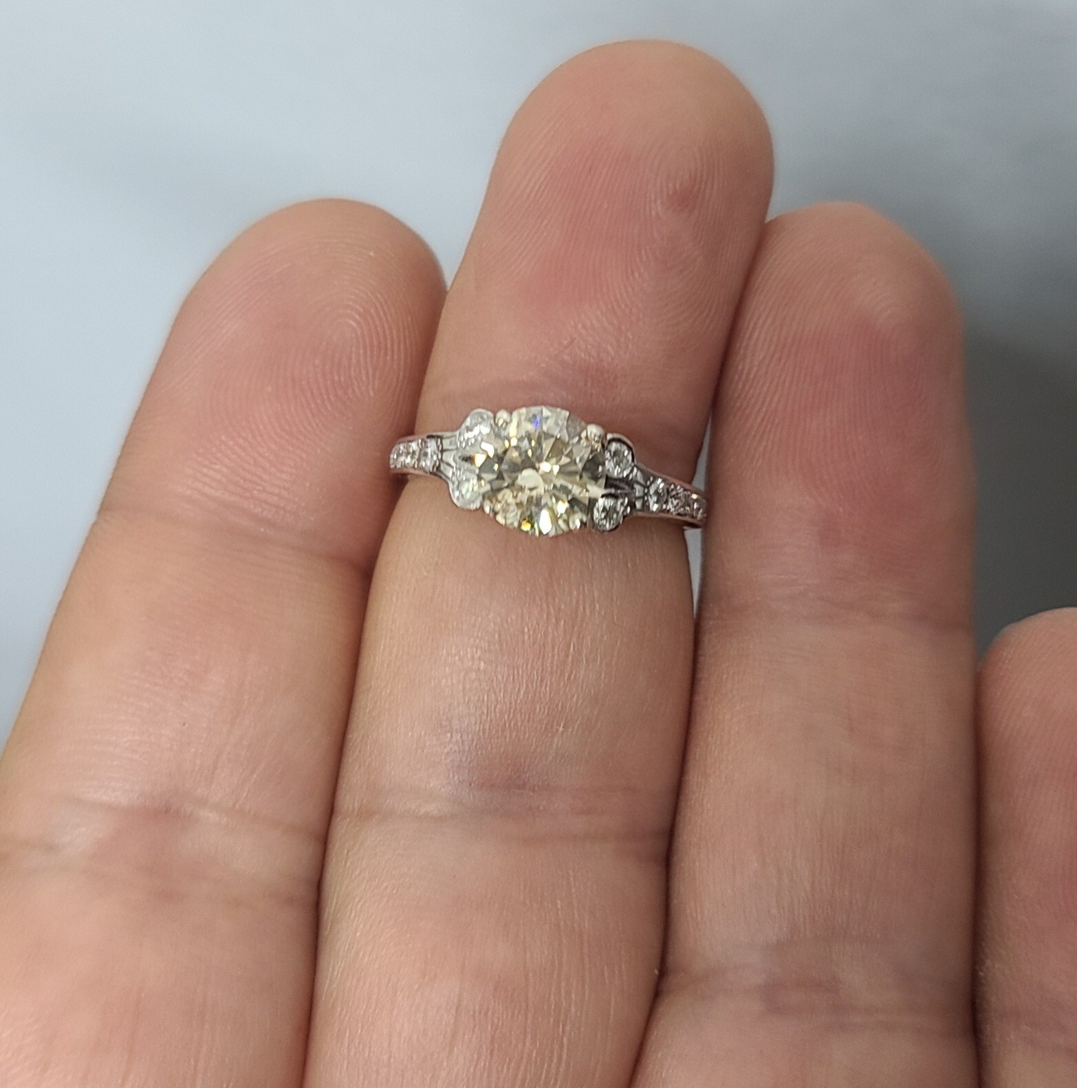 Vintage 14k White Gold Engagement Ring 1.28ct. Natural Champagne Round Diamond