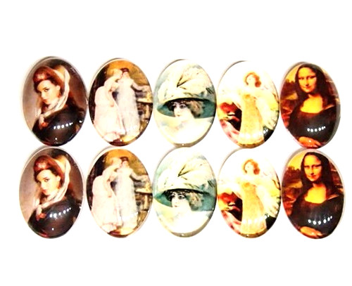 10 of 25x18mm Glass Victorian Art Deco Women Cameos, 5 Different Scenes, Nice