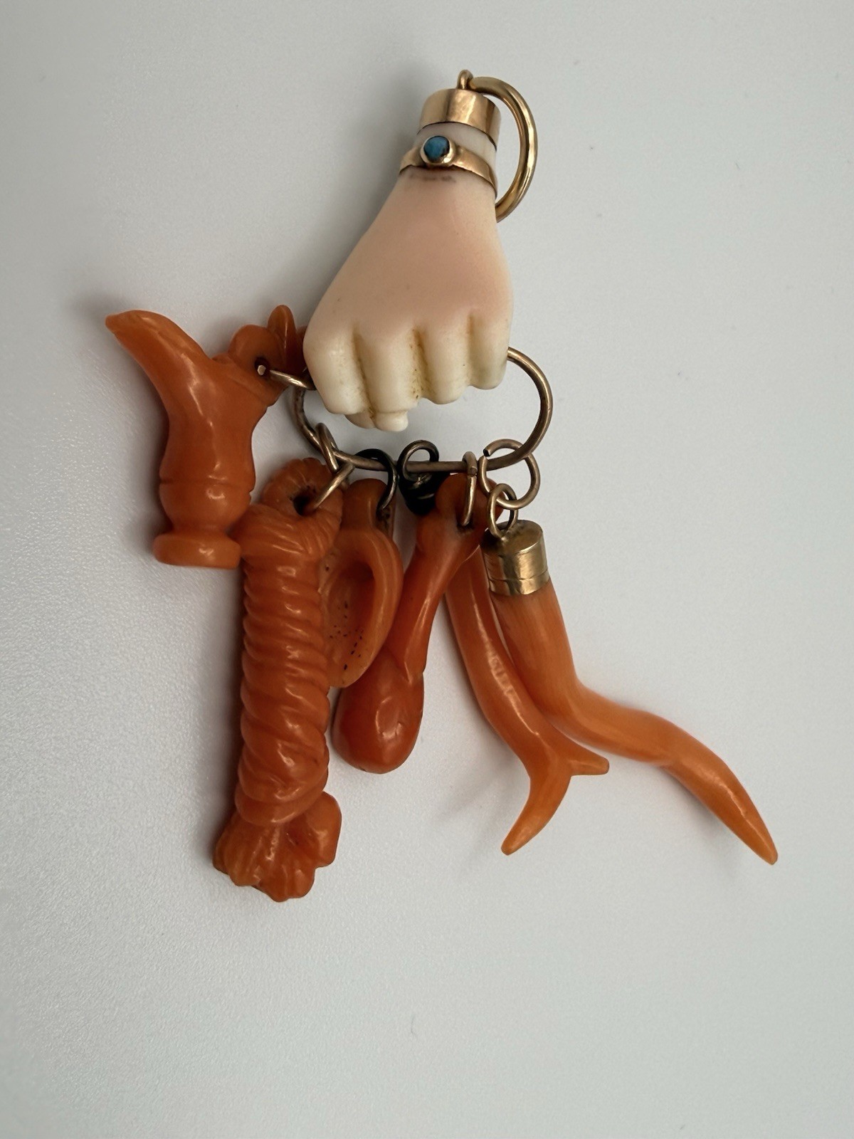 Antique Ca 1830-70s Angle Skin /Orange Coral Hand Figa & Charm Pendant Gold