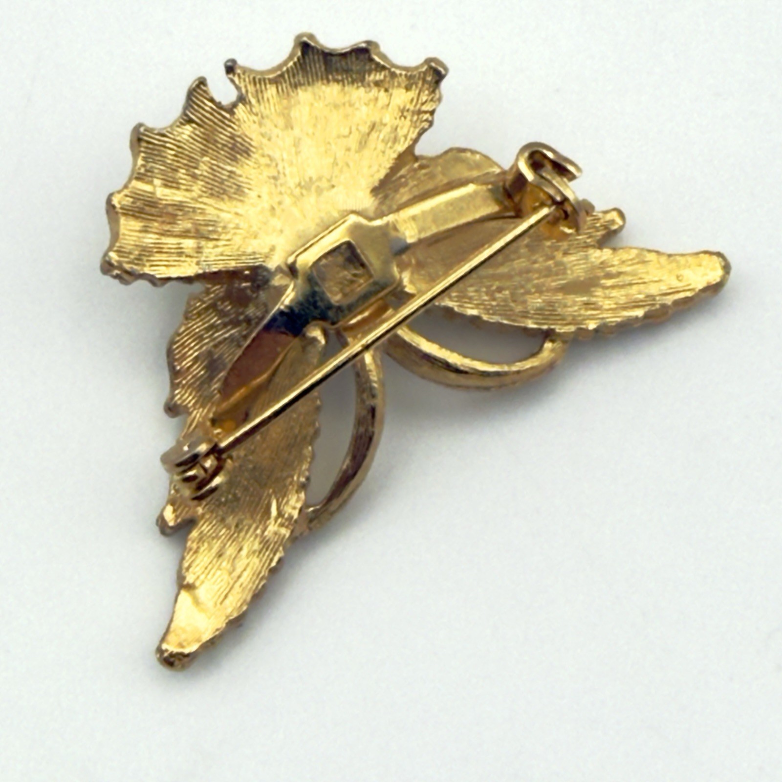 Vintage Butterfly Rhinestone Brooch Cream Enamel Faux Pearl Gold Tone