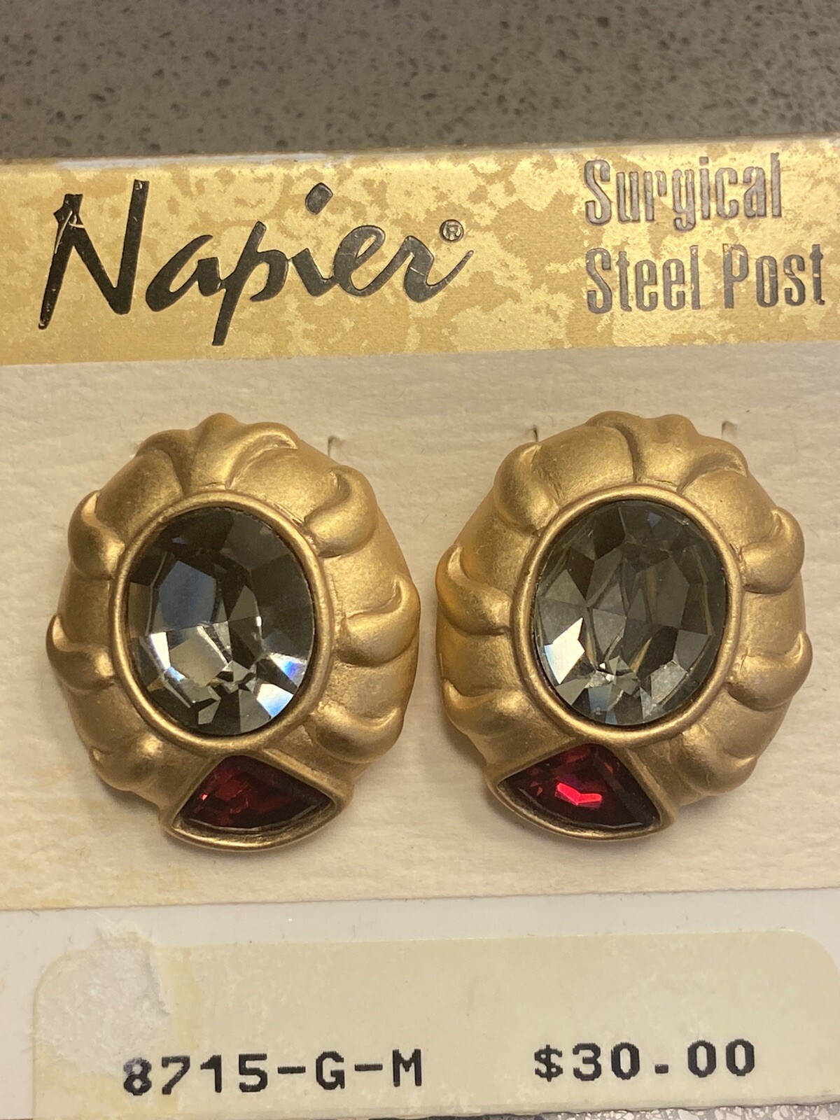 Vintage NAPIER Ruby Smokey Topaz Faceted Crystals Earrings Brushed Gold Art Deco