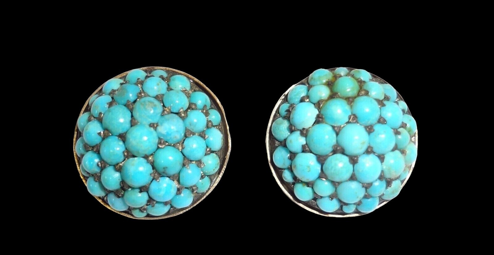 Antique 14K Gold Persian Turquoise Cluster Round Clip Earrings 18.2 Grams!