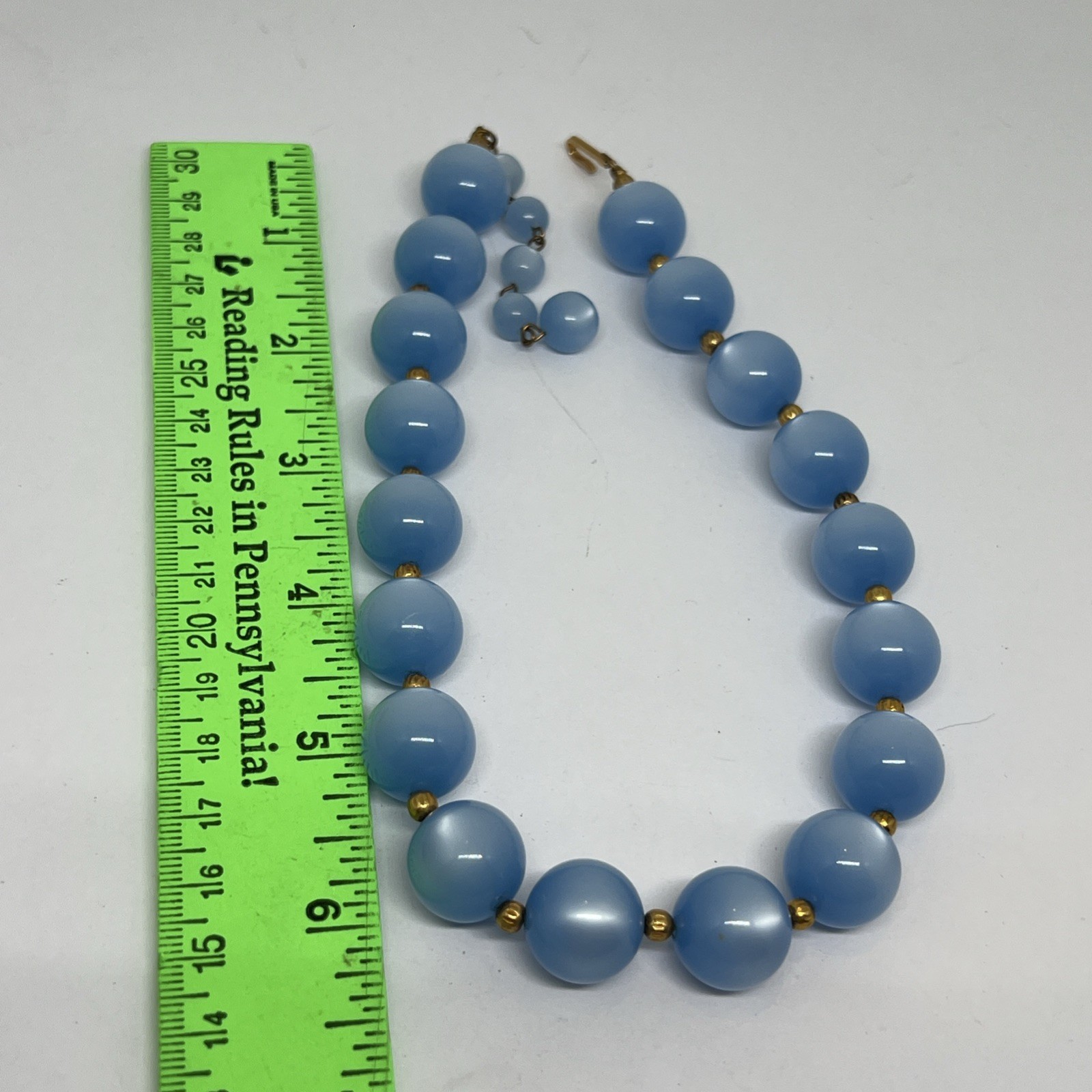 ⁠Vintage Blue Moonglow Lucite Bead 15”-17”Necklace Chunky J-Hook Choker