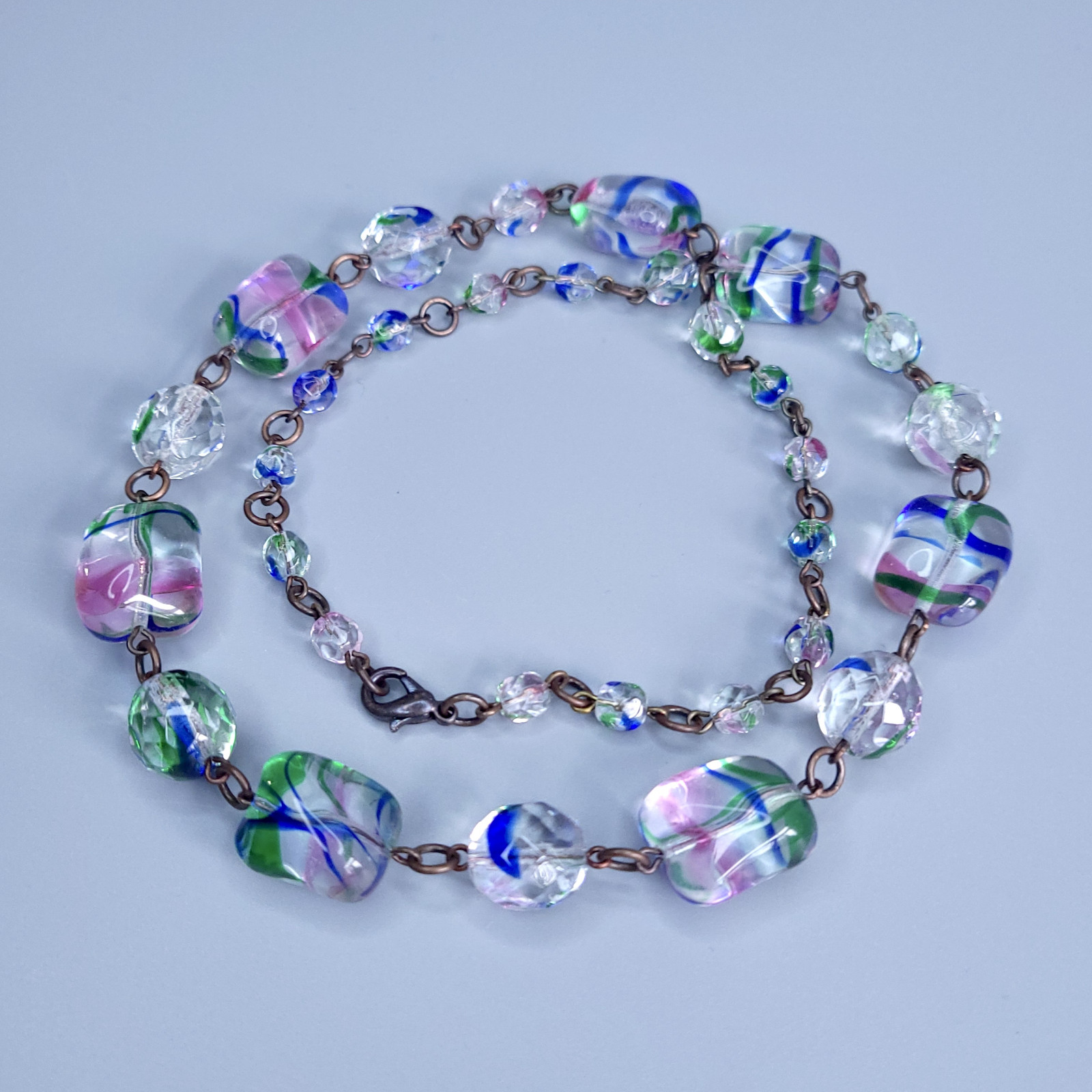 Iris Glass Necklace 22” Multicolor Czech Vintage Beads Art Glass