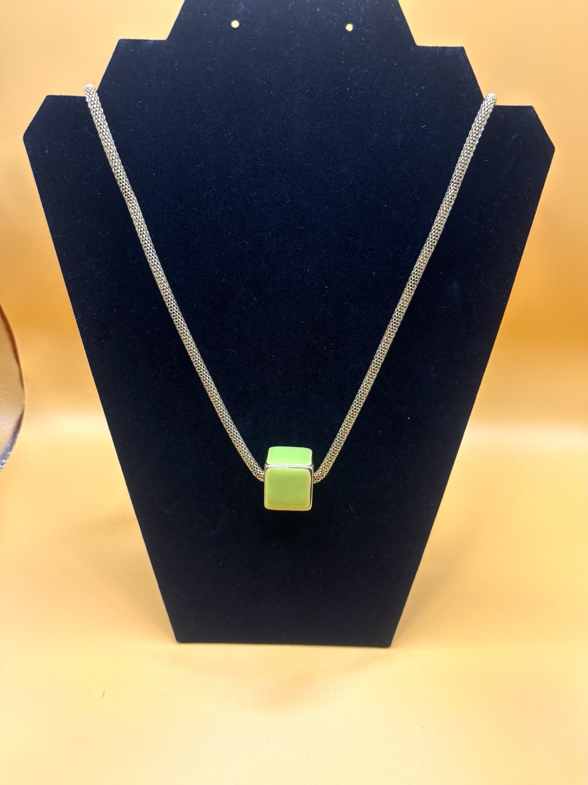 Vintage Modernist MCM Gold Tone Mesh Chain Lime Green Enamel Cube Necklace 32”