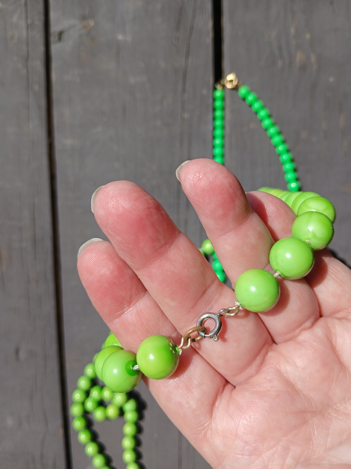 2 Vintage Bright Vivid Green Plastic Beads Necklaces