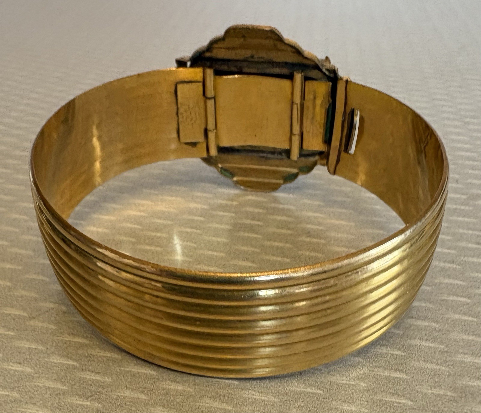 Art Deco Signed MARSH Gold Plate Bangle Snap Open Hidden Secret Locket Bracelet