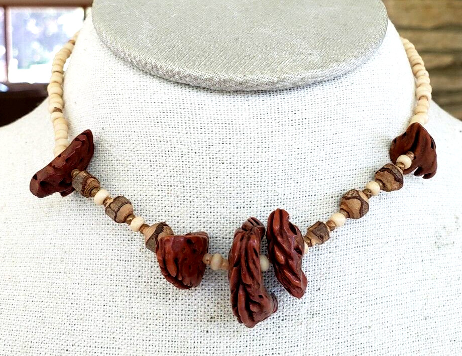 Vintag Nut Seed Cork Beige Glass Bead Choker Necklace 15″ Spring Ring