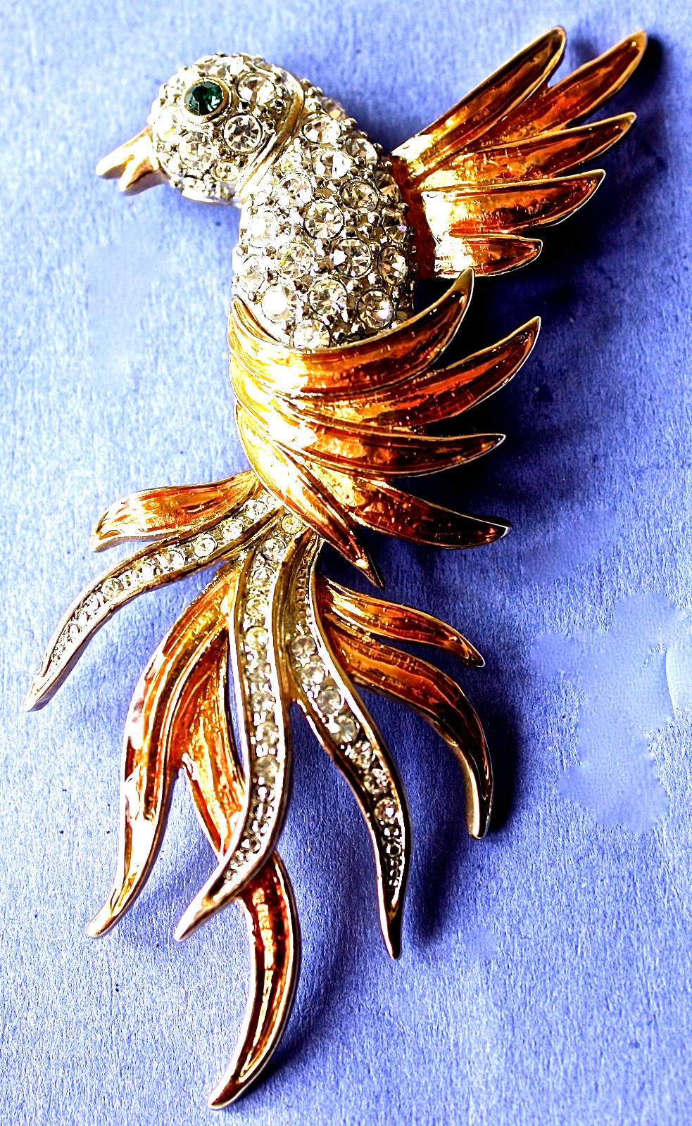 VTG Large Bird Brooch Rhinestone Enamel Gold Tone Art Nouveau Style