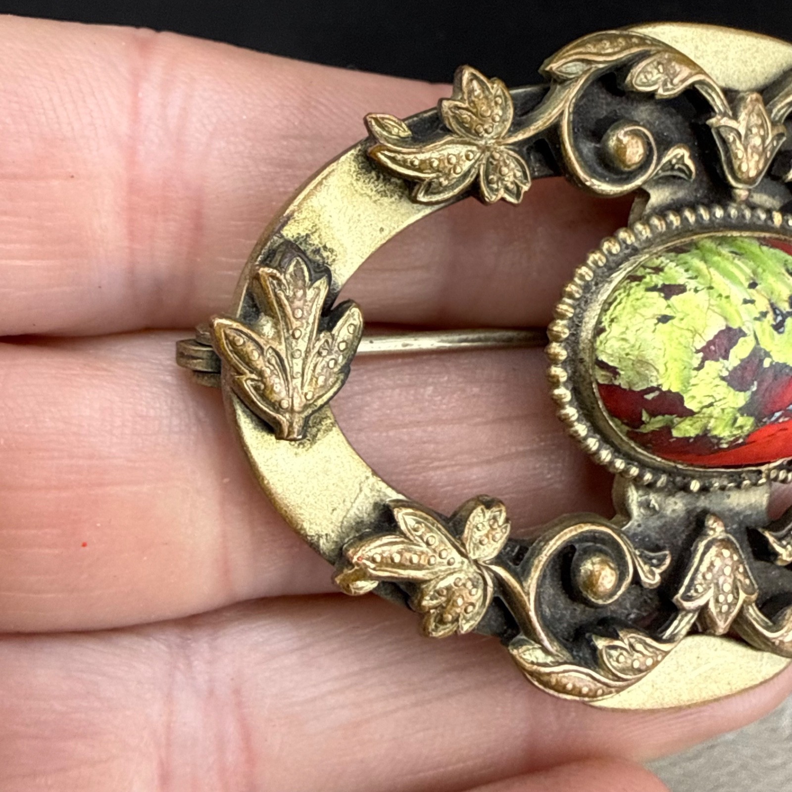 Vintage Victorian Czech Foil Art Glass Brooch Sash Pin Red Green