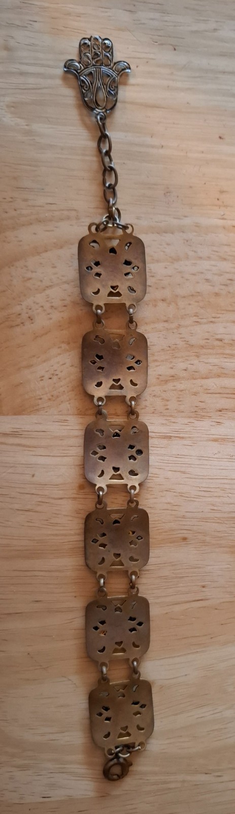 Vintage Jewelry Brass Tone Panel Link Bracelet with Filigree, Enamel & Cabochons