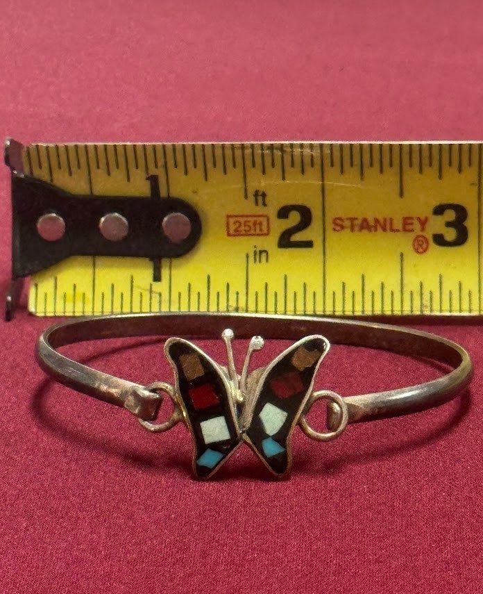 Vintage Silver Inlaid Mosaic Multi-Color Butterfly Cuff Latch Bracelet 11.24g