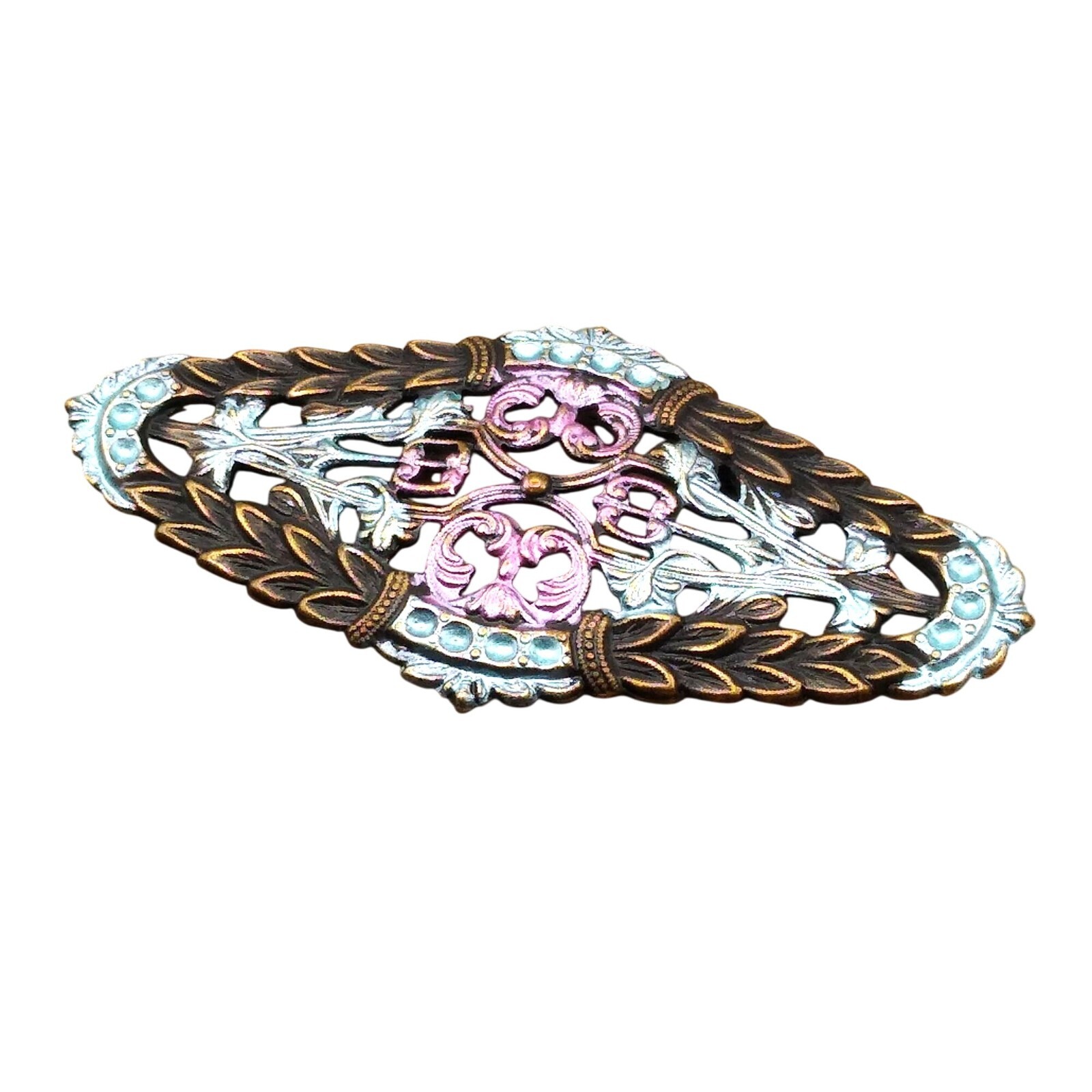 Vintage Ornate Brass Bar Brooch with Pastel Sheen in Purple and Blue, Elegant