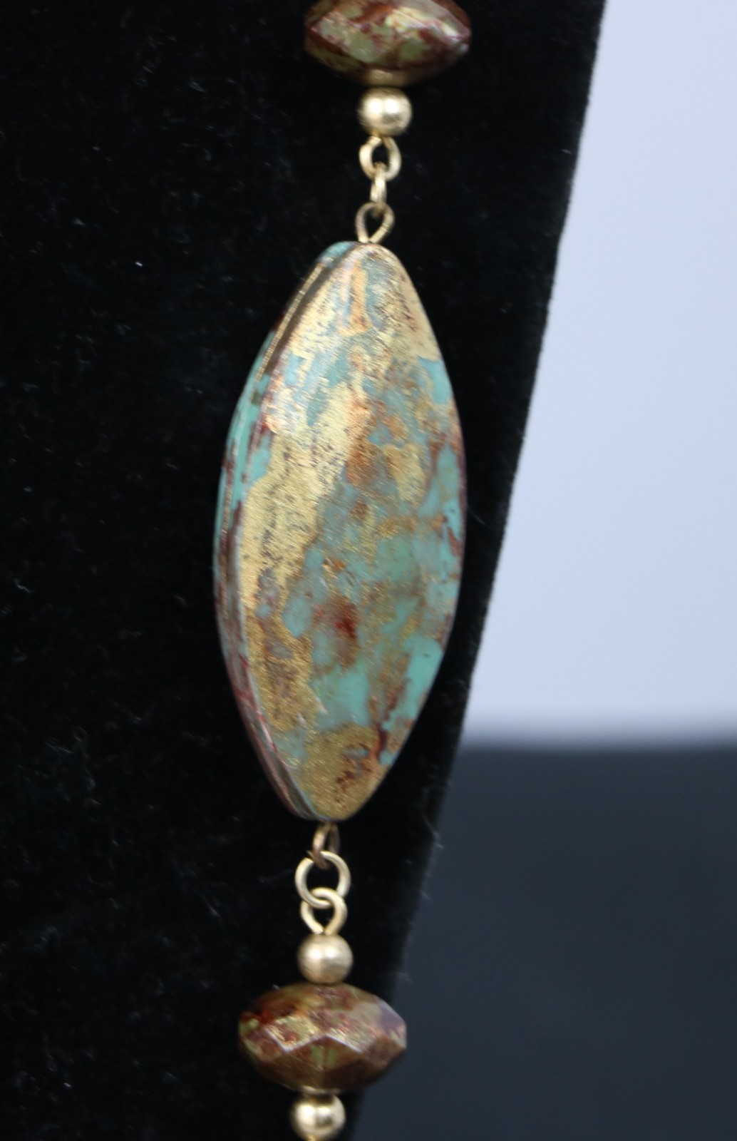 Boho Long Necklace Turquoise & Rust Marquise Beads Gold Tone Station Chain