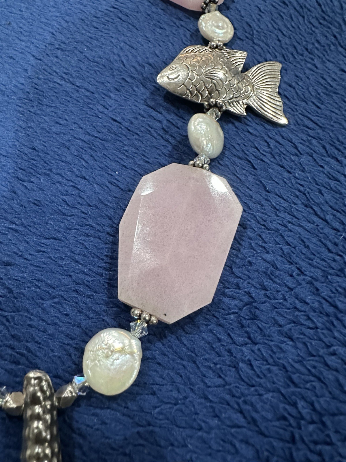 Sterling Silver 925 Rose Quartz MOP Starfish Fish Chunky Necklace, 17.5in Long