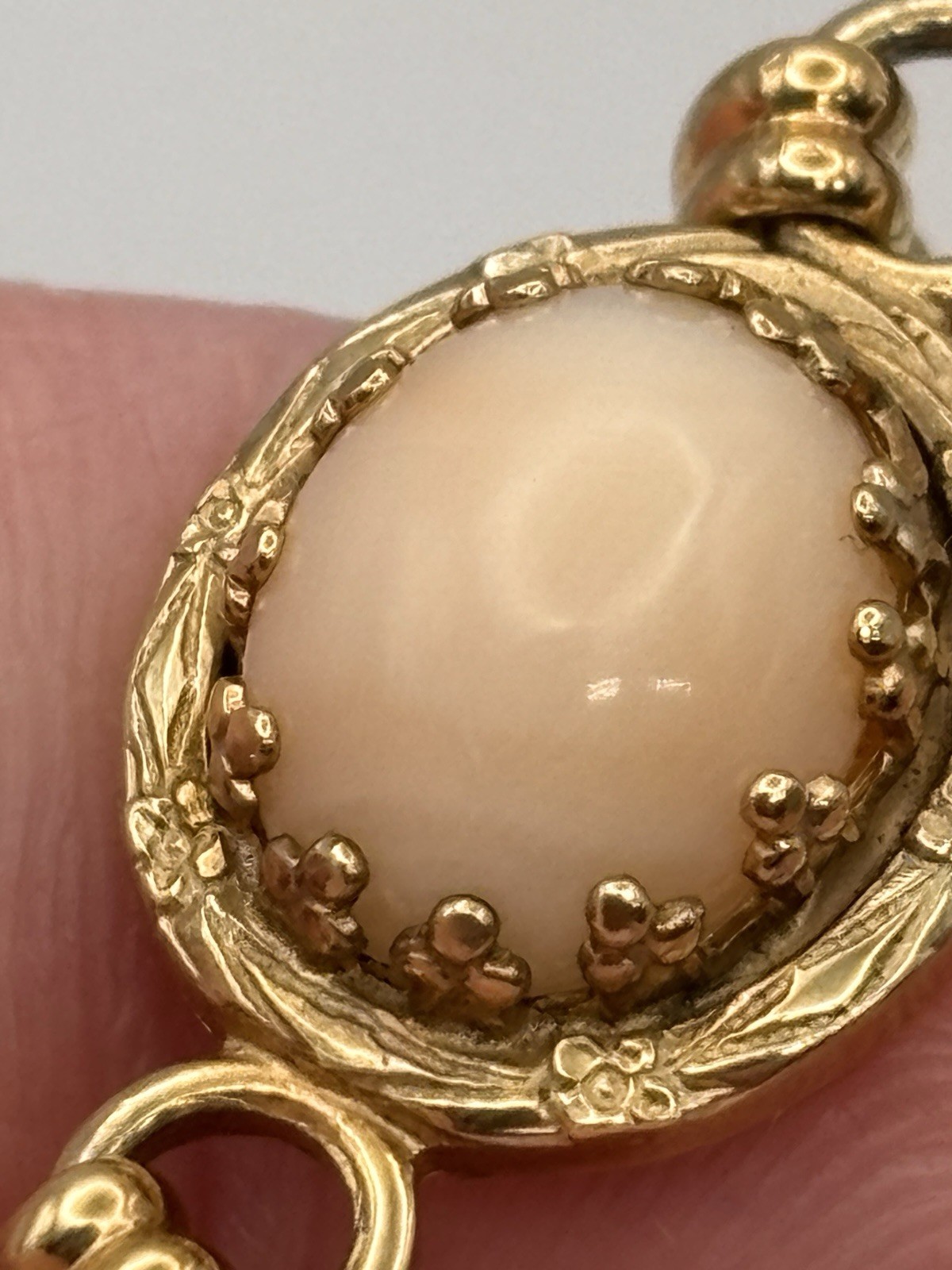 Gold Filled Angel Skin Coral Bracelet Pale Pink Cabochon Victorian Chain
